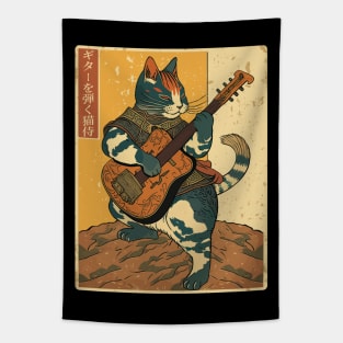 Samurai Cat Playing The Electric Guitar Tapestry