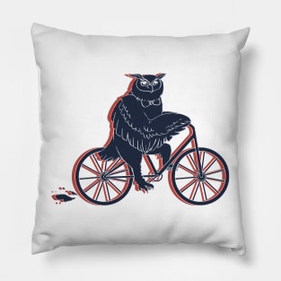 Owl on a Bike Blue Pillow