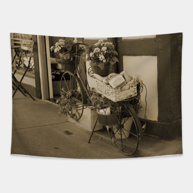 Bakery in Bicycle Basket and Flowers in Sepia Tapestry by ButterflyInTheAttic