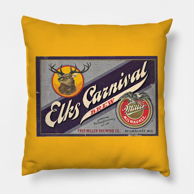 Elks Carnival Vintage Beer Label Pillow by Alema Art