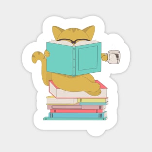 Cat with glasses drinking coffee or tea and reading book Magnet
