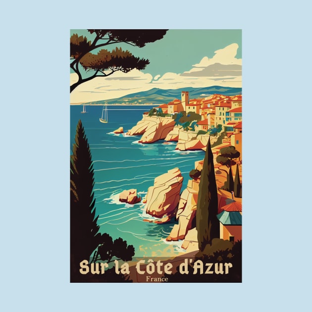 Sur La Cote d' Azur France, French Riviera, Vintage Travel Poster by GreenMary Design