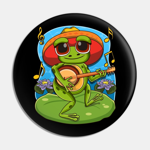 Frog Playing Banjo on Mushroom Cute Cottagecore Aesthetic Pin by aneisha