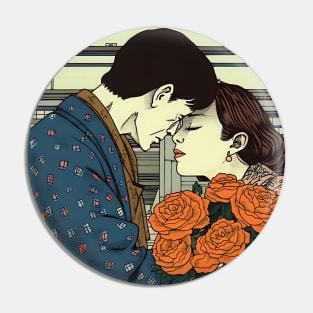 Cartoon Couple Kissing and holding Flowers Pin