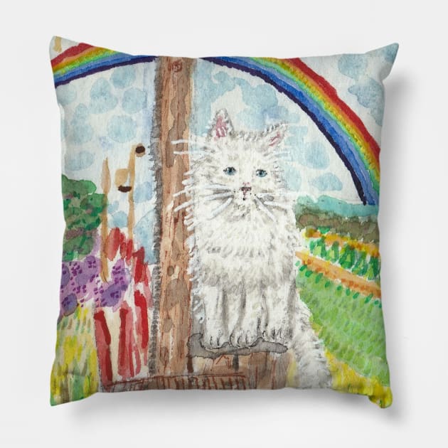 Cute white  cat  rainbow  nature  art Pillow by SamsArtworks