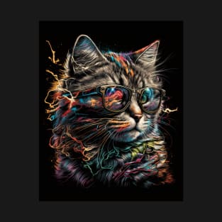 Retro Cat Art Wearing Glasses Splash Abstract Vibe Watercolor Vintage T-Shirt