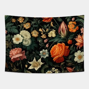 Dutch Nocturne: Luminous Floral Pastoral on Black Canvas Tapestry