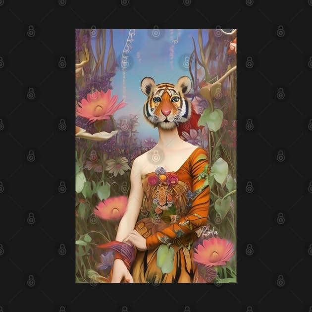 Cool dream and surreal floral design with flowers a girl and tiger by ZiolaRosa