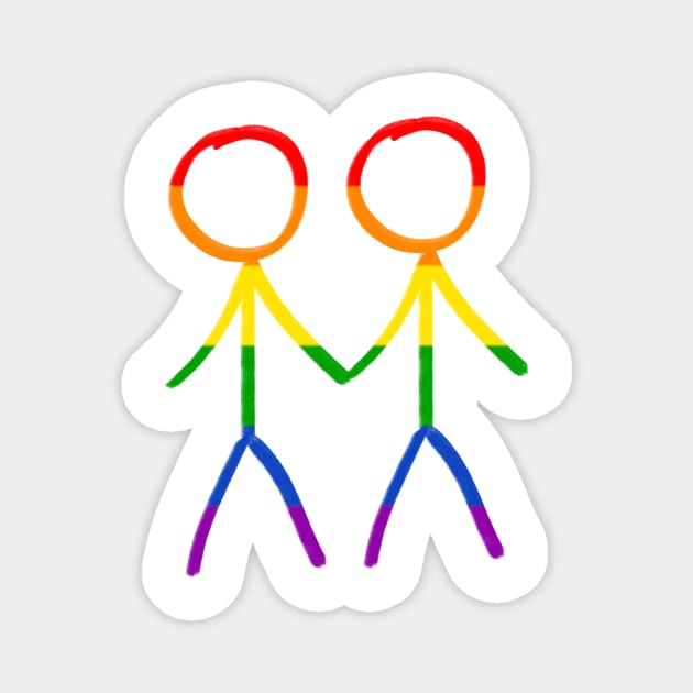 Stick figure drawing of two gay men holding hand, in rainbow colors for pride Magnet by WelshDesigns