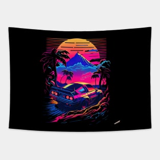 Car with a view on Mount Fuji Synthwave Vaporwave Tapestry