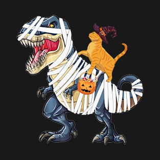 Cat Witch Riding T-Rex Funny Halloween T-Shirt