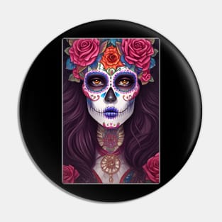 Sugar Skull Art - Traditional Mexican Sugar Skull Girl Pin