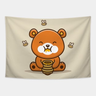 Cute Bear Eating Honey With Bee Tapestry