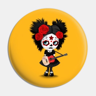 Sugar Skull Girl Playing Maltese Flag Guitar Pin