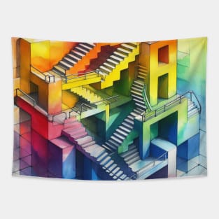 Psychedelic looking abstract illustration of Escher stairs Tapestry