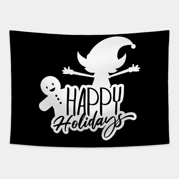 Happy Holidays Gingerbread man and Elf Holiday Gifts Tapestry by maro_00