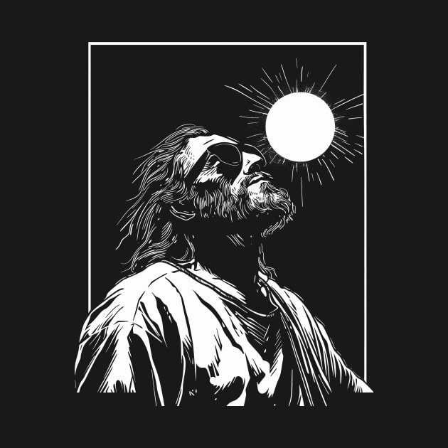 Silhouette of Jesus Wearing Glasses Looking Up at Solar Eclipse by TeeTrendz