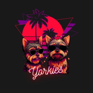 Yorkie's With Sunglasses and Retro Palm Tree Sunset T-Shirt