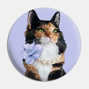 Glamorous Longhair Calico Cat with Pearls Pin