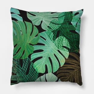 Exotic Monstera leaves watercolor textural print. Tropical foliage summer jungle print Pillow