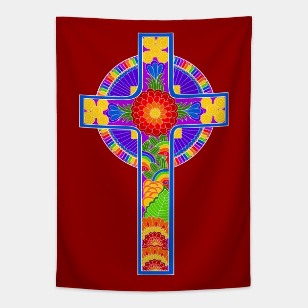 Celtic Cross Rainbow Colors Tapestry by AlondraHanley