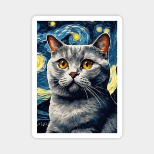 Adorable British Shorthair Cat Breed Painting in a Van Gogh Starry Night Art Style Magnet