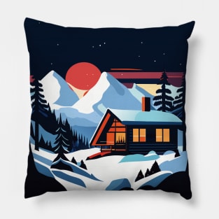 Winter Wonderland Retreat: Majestic Mountains, Snow, and Cozy Cabin Art Print Pillow