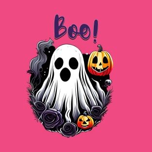 Cute Boo Halloween Ghost with Pumkins and Roses T-Shirt