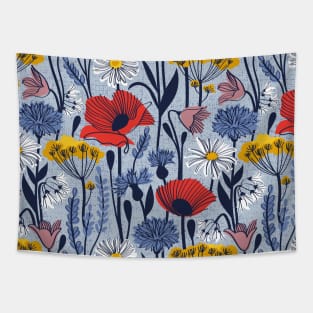 Wild field // pattern // pastel blue background neon red orange shade poppies white daisies denim blue cornflower pink bluebells yellow fennel flowers and other wild flowers meadow plants Tapestry