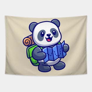 Cute Panda Backpacker Reading Map Cartoon Tapestry