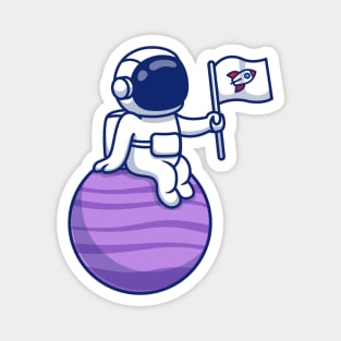 Cute Astronaut Sitting On Planet Holding Flag Magnet