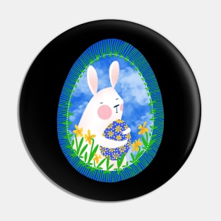 Cute white bunny with floral easter egg decoration on blue sky, version 2 Pin