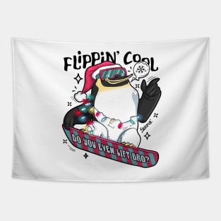 Flippin cool Christmas Penguin snowboarding Tapestry