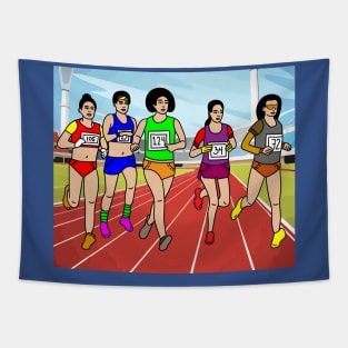 Jogging Marathon Runners And Train Tapestry