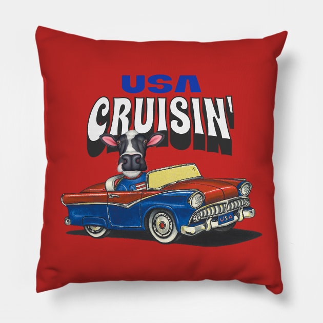 Humor and Funny cute Cow driving a classic car through the USA Pillow by Danny Gordon Art