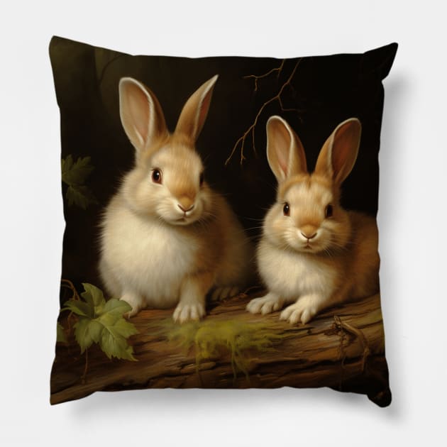 Cute Rabbits Cottagecore Vintage Pillow by Trippycollage