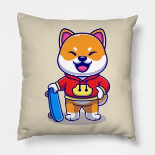 Cool Shiba Inu Dog With Skateboard Cartoon Pillow