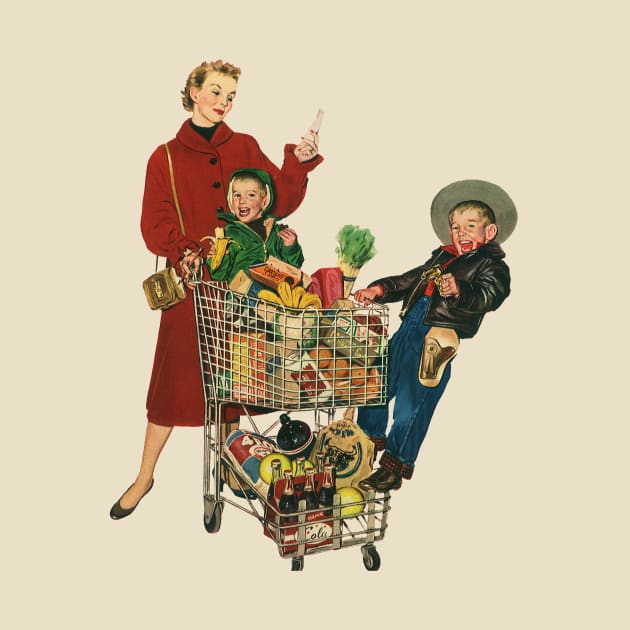 Retro Mom Grocery Shopping with Kids by MasterpieceCafe