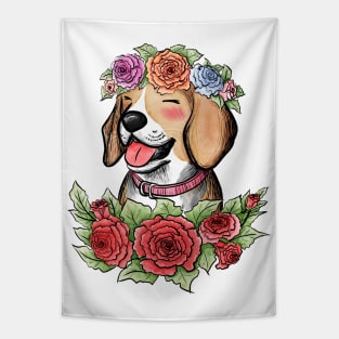 Happy Beagle Floral Crown Tapestry