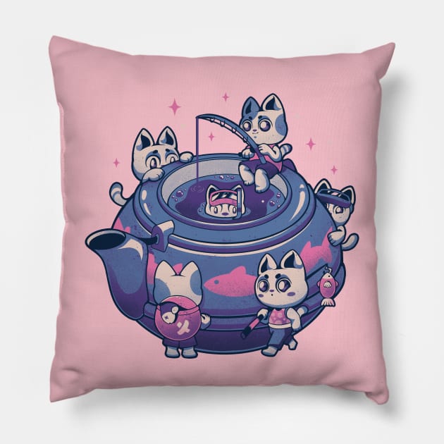 Plenty Cats in the Tea - Cute Fishing Kitty Gift Pillow by eduely