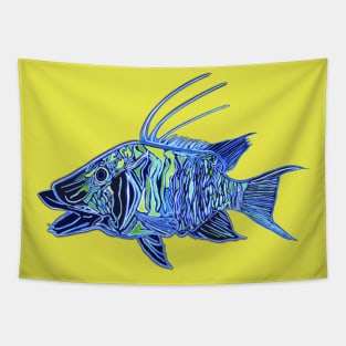 Neon Blue Green Hogfish - funky fish design Tapestry