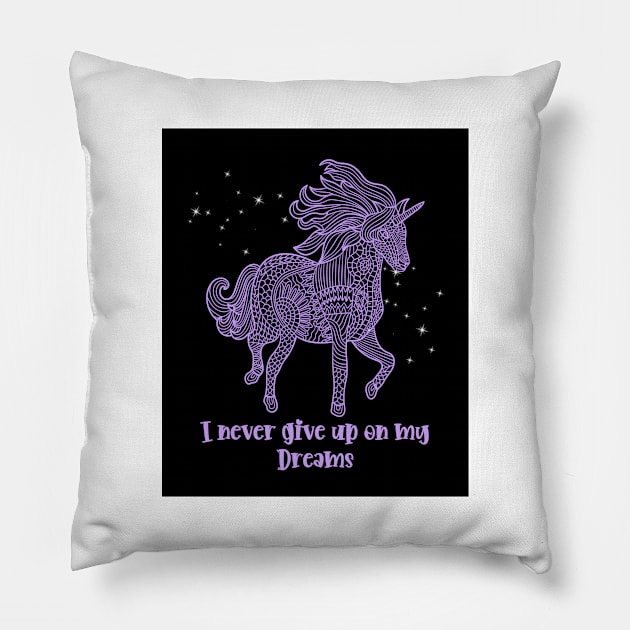 I Never Give Up On My Dreams Beautiful Purple Geometrical Unicorn With Sparkle Pillow by teezeedy