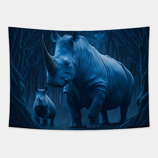 White Rhino and her Rhino Calf Tapestry by irfankokabi