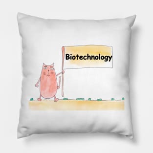 Biotechnology. Profession, work, job. Cat shows a banner with the inscription. Watercolor illustration. A gift for a professional. Pillow