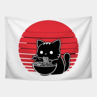 Cute Black Cat Eating Ramen Noodles Sunset Background Tapestry