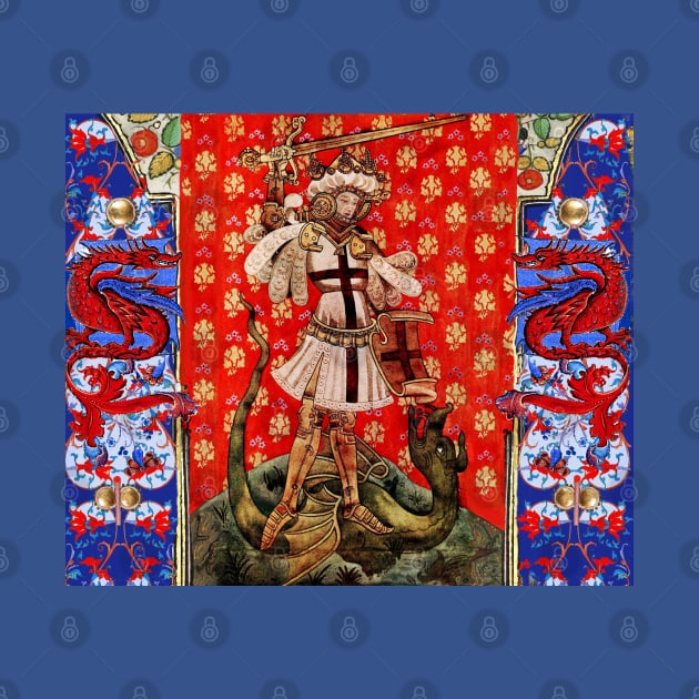 St. George and Dragon Medieval Miniature ,Red Blue White Floral Motifs by BulganLumini