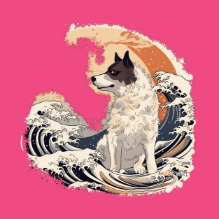 Whimsical Ukiyo-e Dog in Kanagawa Waves T-Shirt