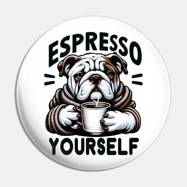 "Warm Espresso Bulldog - Cozy Coffee Humor" Pin by WEARWORLD