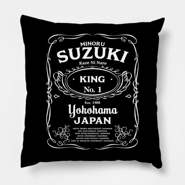 Minoru Suzuki Whisky Label Pillow by Virkalosa