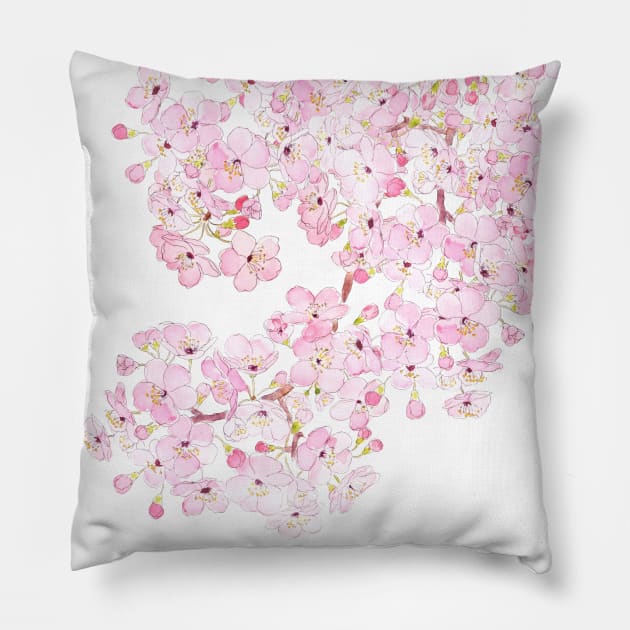 cherry blossom ink and watercolor 1 Pillow by colorandcolor